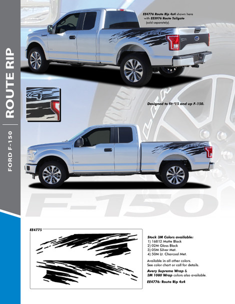 ROUTE RIP : 2015-2020 Ford F-150 Mudslinger Side Truck Bed 4X4 Vinyl Graphics and Decals Striping Kit