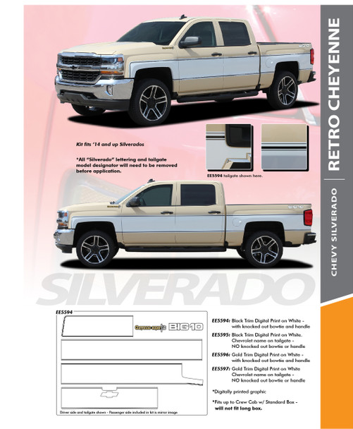 RETRO CHEYENNE : 2014-2018 Chevy Silverado Mid Body Line Accent Rally Side Vinyl Graphic Decal Stripe Kit