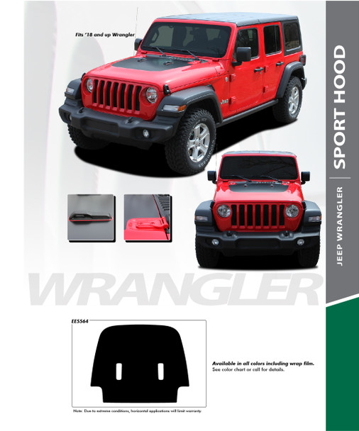 SPORT HOOD : 2018-2024 Jeep Wrangler Hood Blackout Vinyl Graphics Decal Stripe Kit