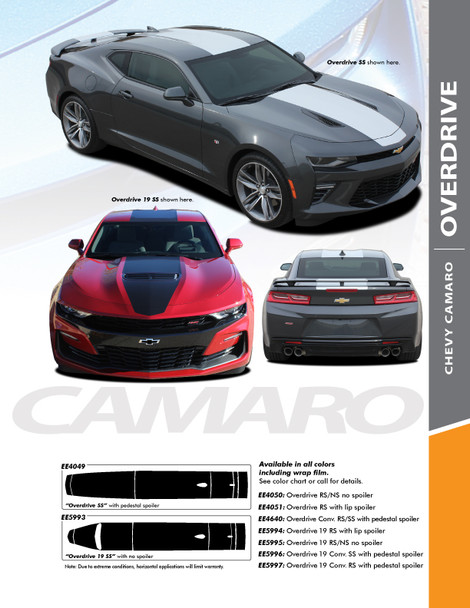 OVERDRIVE 19 : 2019-2024 Chevy Camaro Center Wide Hood Racing Stripes Rally Vinyl Graphics and Decals Kit fits SS RS V6 Models