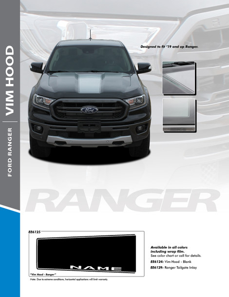 VIM HOOD : 2019 2020 2021 2022 2023 2024 Ford Ranger Center Hood Stripes Decals Vinyl Graphics Stripe Kit