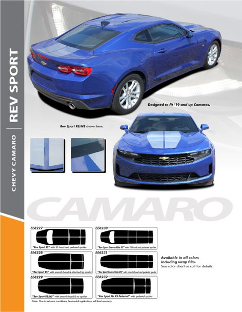 REV SPORT : 2019-2024 Chevy Camaro Hood Racing Stripes Vinyl Graphics and Decals Kit fits SS RS V6 Models