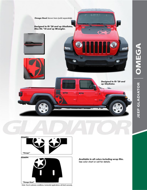 OMEGA : 2020-2024 Jeep Gladiator Hood Decal and Side Body Star Decals Vinyl Graphics Stripe Kit