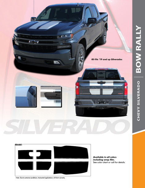 BOW RALLY : 2019-2024 Chevy Silverado Hood and Tailgate Racing Stripe Decals Vinyl Graphic Kit