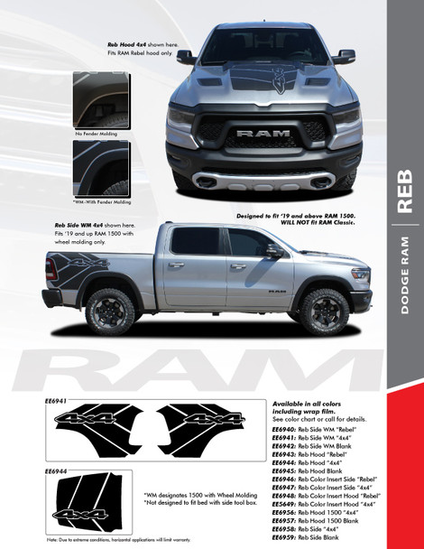 REB : 2019-2024 Dodge Ram Rebel and 1500 Hood Decals and Side Body Bed Stripes Vinyl Graphics Accent Kit