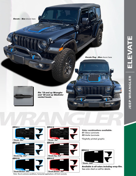 ELEVATE : 2018-2024 Jeep Wrangler Hood Blackout Vinyl Graphics Decal Stripe Kit