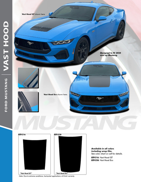 VAST HOOD : 2024-2025 Ford Mustang GT and Ecoboost Rally Stripes Vinyl Graphics Decals Kit (PDS-9316)