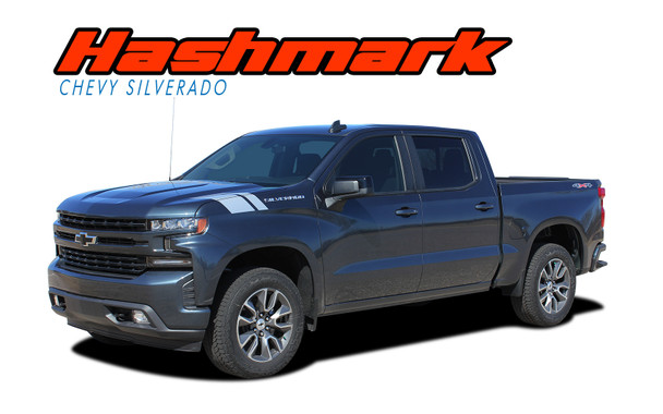 Front angle view of a dark blue Chevy Silverado with white Hashmark hood stripes. High-quality 3M vinyl graphics designed for 2019-2026 Silverado models.