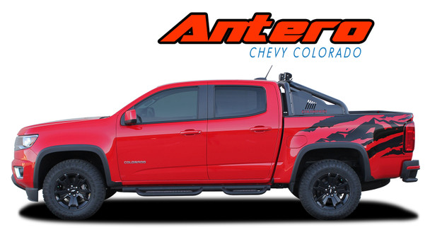 Red Chevy Colorado with Antero Bedside Stripes – A red Chevy Colorado truck featuring Antero bedside vinyl graphics in black and red, designed for 2015-2022 models. High-quality 3M 2080 vinyl for long-lasting style.