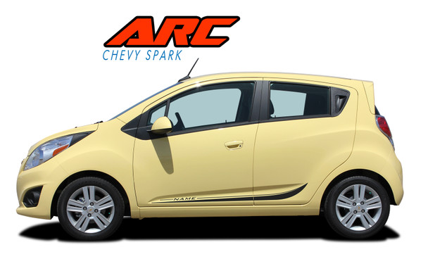 Chevy Spark ARC Rocker Panel Stripes – Close-Up. A detailed close-up of the ARC rocker panel vinyl graphics on a Chevy Spark, showcasing the stylish, contoured design and factory-inspired fitment.