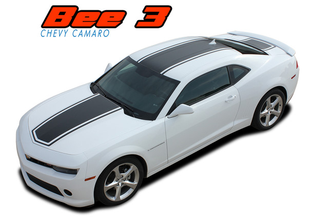 2014-2015 Chevy Camaro Bee 3 Hood Stripes Vinyl Graphics Decal Kit – Wide Center Outline Racing Stripes Installed on White Camaro Coupe.