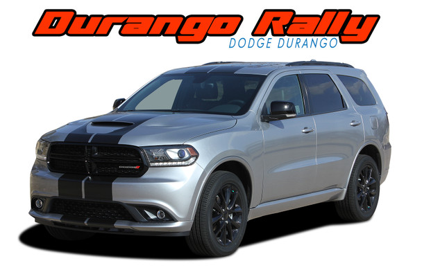 Dodge Durango Racing Stripes – Silver Dodge Durango with black rally racing stripes, featuring precision-cut vinyl graphics for the hood and roof.