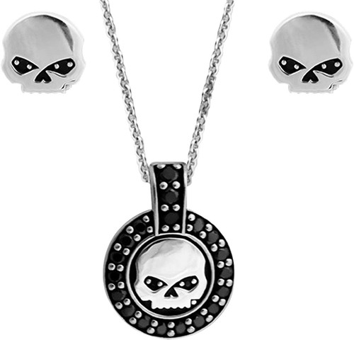 Harley-Davidson Women's Black Crystal Willie G Skull Necklace & Earring Gift Set