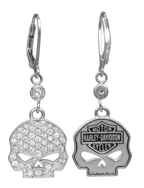 Harley-Davidson® Women's Earrings, Bling Willie G Skull Dangles, Silver HDE0224