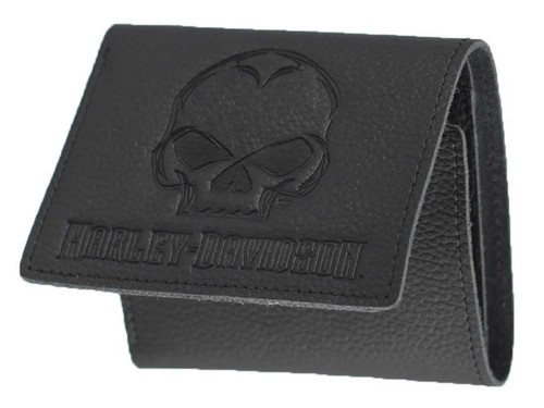 Harley-Davidson® Mens Emboss Willie G Skull Leather Tri-Fold Wallet XML4752-BLACK