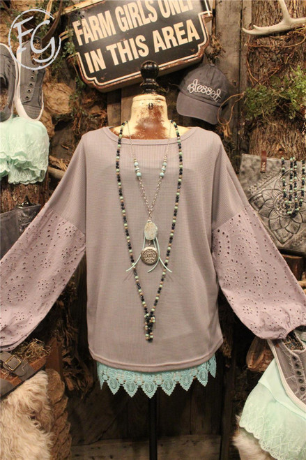 Women's gray waffle knit tunic with eyelet lace puff sleeves, farm girls fancy frills