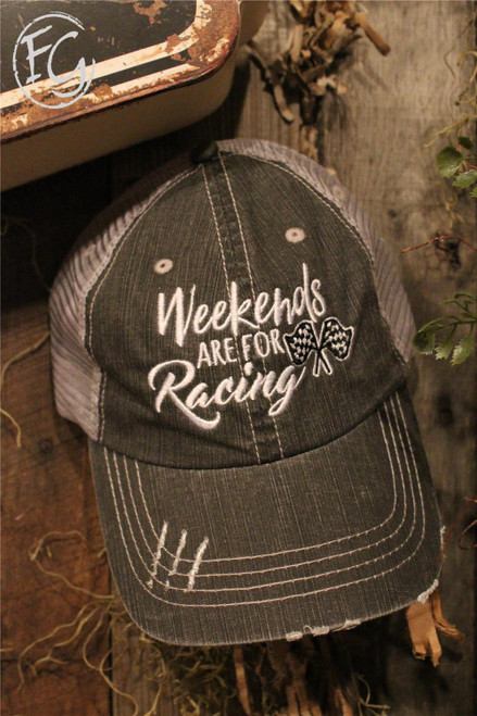 Weekends Are For Racing Charcoal Gray Distressed Ball Cap