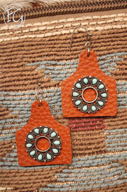 Tagged Turquoise Circle And Brown Leather Earrings