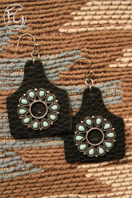 Tagged Turquoise Circle And Black Leather Earrings