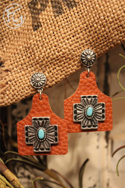 Tagged Turquoise Cross And Brown Leather Earrings