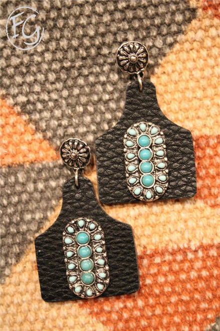 Tagged Turquoise Marquee And Black Leather Earrings