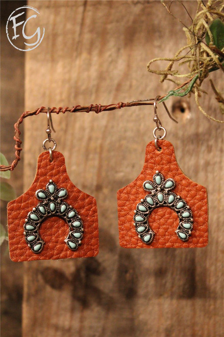 Tagged Turquoise Squash Blossom And Brown Leather Earrings