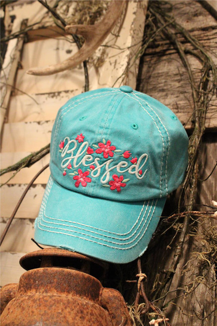 Blessed Distressed Turquoise Ball Cap