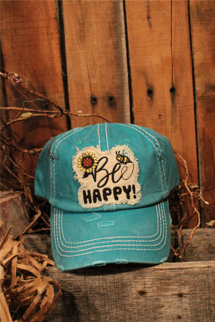 Bee Happy Turquoise Distressed Ball Cap