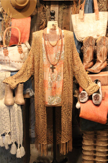 Encompassed Tan Crocheted Cardigan