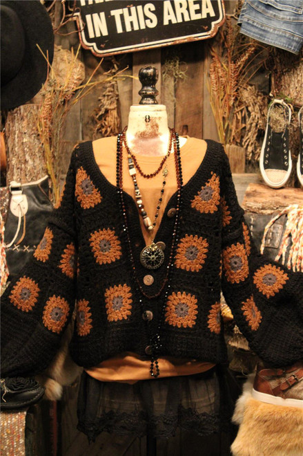 Sassy Squares Black Crochet Sweater Cardigan  
