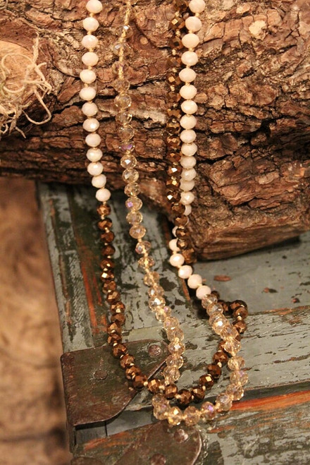 women's long  linen, golden glimmer, bronze crystal beaded necklace