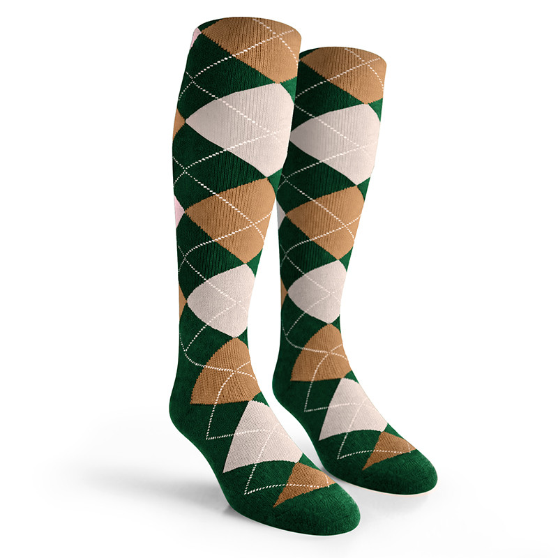 Argyle Socks - Mens Over-the-Calf - HHHH: Dark Green/Khaki/White