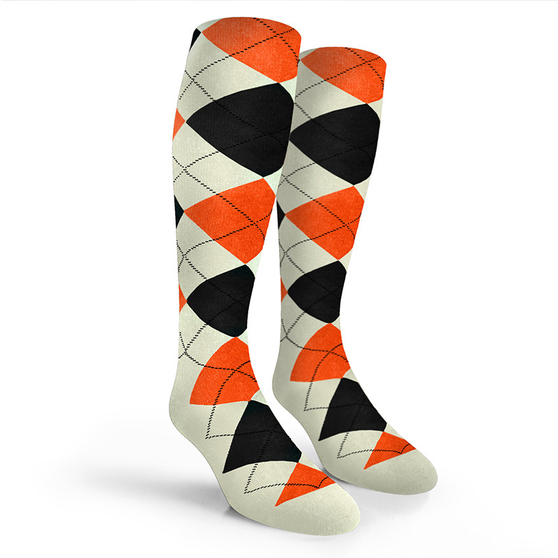 Argyle Socks - Mens Over-the-Calf - QQQQ: Natural/Black/Orange