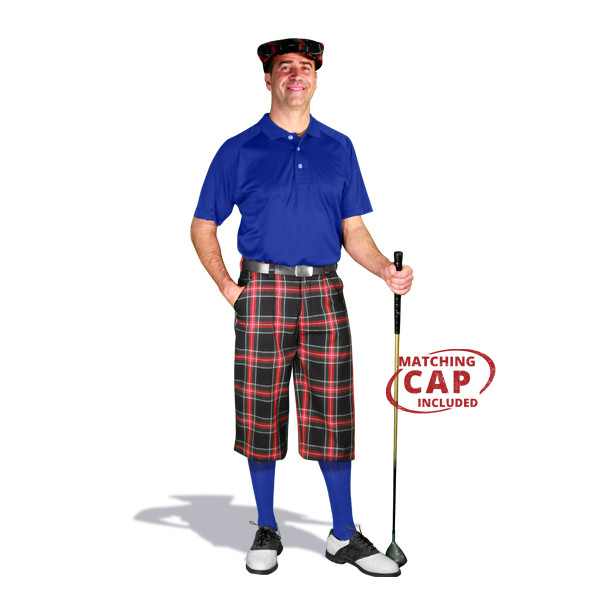 Golf Outfit - Mens Black Stewart Plaid Golf Knickers Royal Blue Shirt
