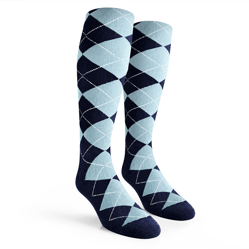 Ladies Over the Calf Argyle Socks Navy and Light Blue