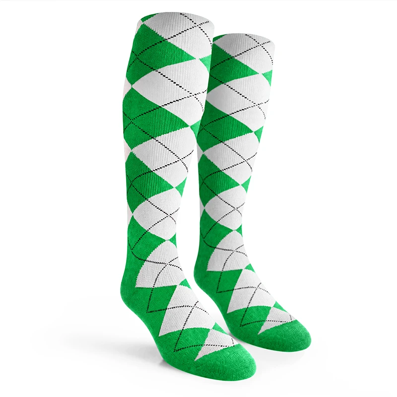 Ladies Over the Calf Argyle Socks Lime and White