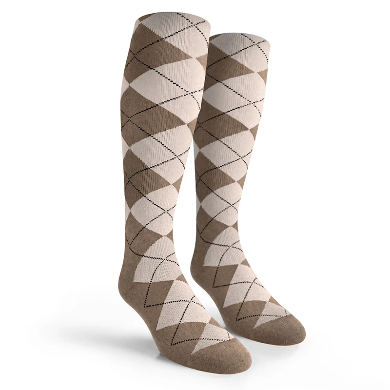 Argyle Socks - Mens Over-the-Calf - N: Taupe/White