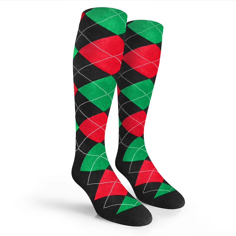Argyle Socks - Mens Over-the-Calf - G: Black/Red/Lime