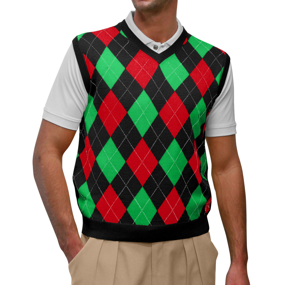 Argyle Golf Sweater Vest | Black/Lime/Red | Mens