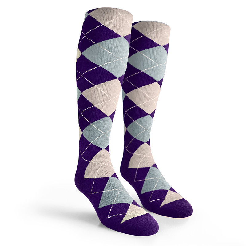Argyle Socks - Mens Over-the-Calf - DDDD: Purple/Light Blue/White