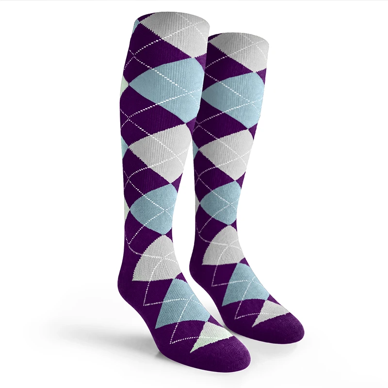 Argyle Socks - Mens Over-the-Calf - DDDD: Purple/Light Blue/White