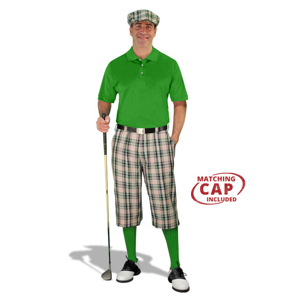 Golf Outfit - Mens Khaki Stewart Plaid Golf Knickers & Lime Shirt