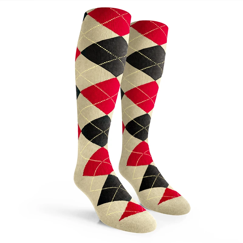 Ladies Over the Calf Argyle Socks Natural, Black and Red