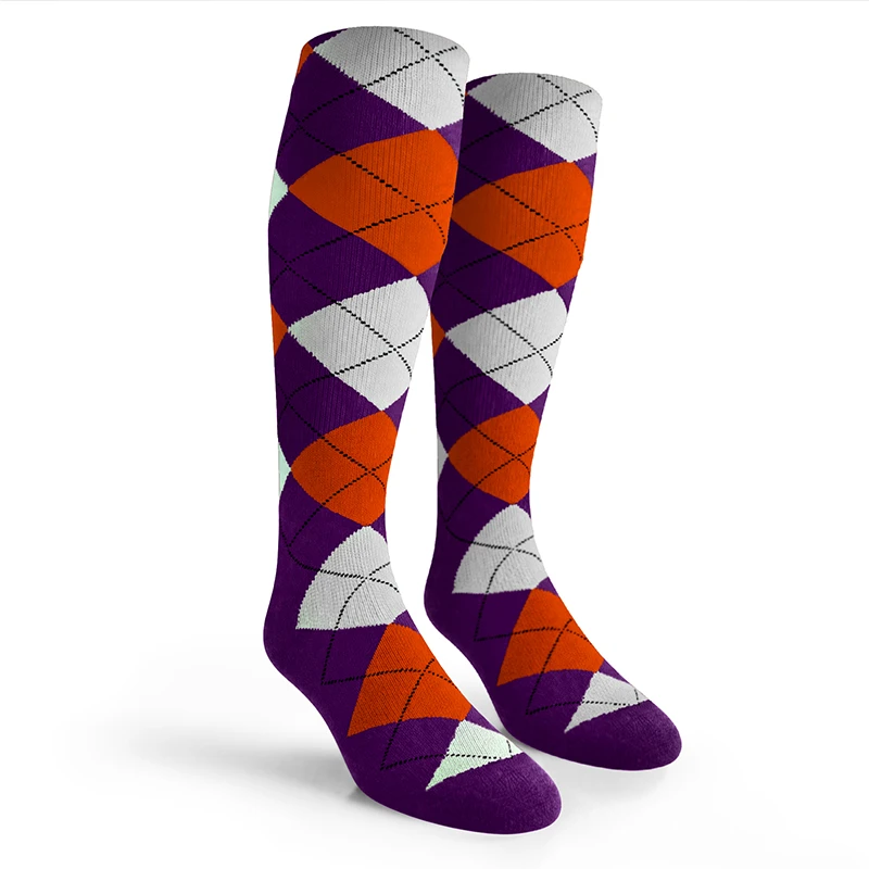 Argyle Socks - Ladies Over-the-Calf - LL: Purple/Orange/White