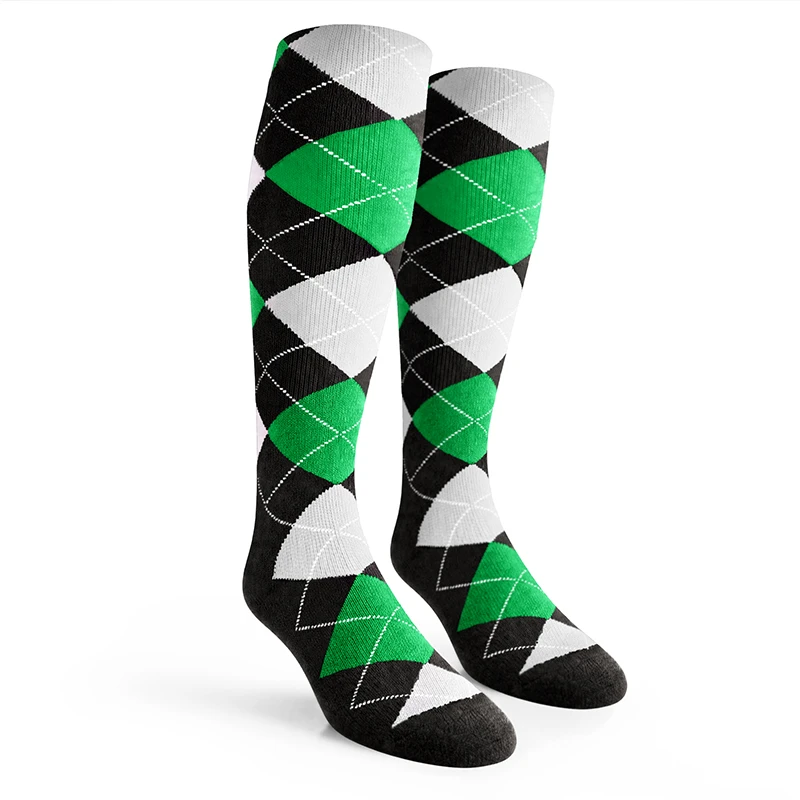 Ladies Over the Calf Argyle Socks Black, Lime Green and White
