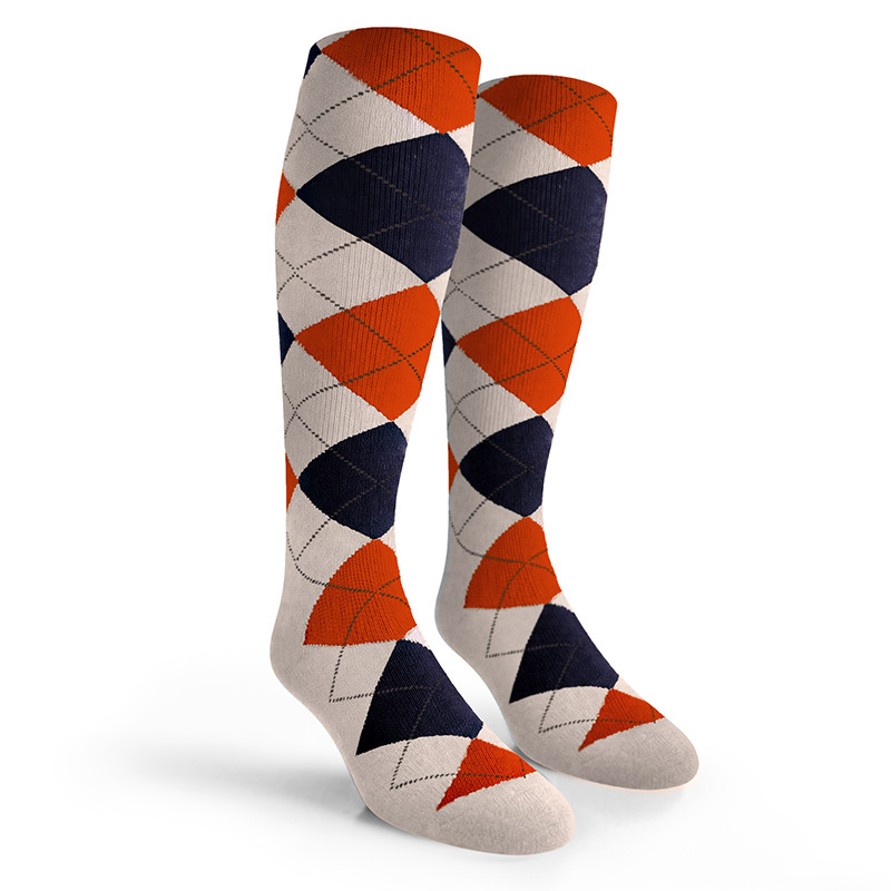 Argyle Socks - Mens Over-the-Calf - RRRR: White/Royal/Orange