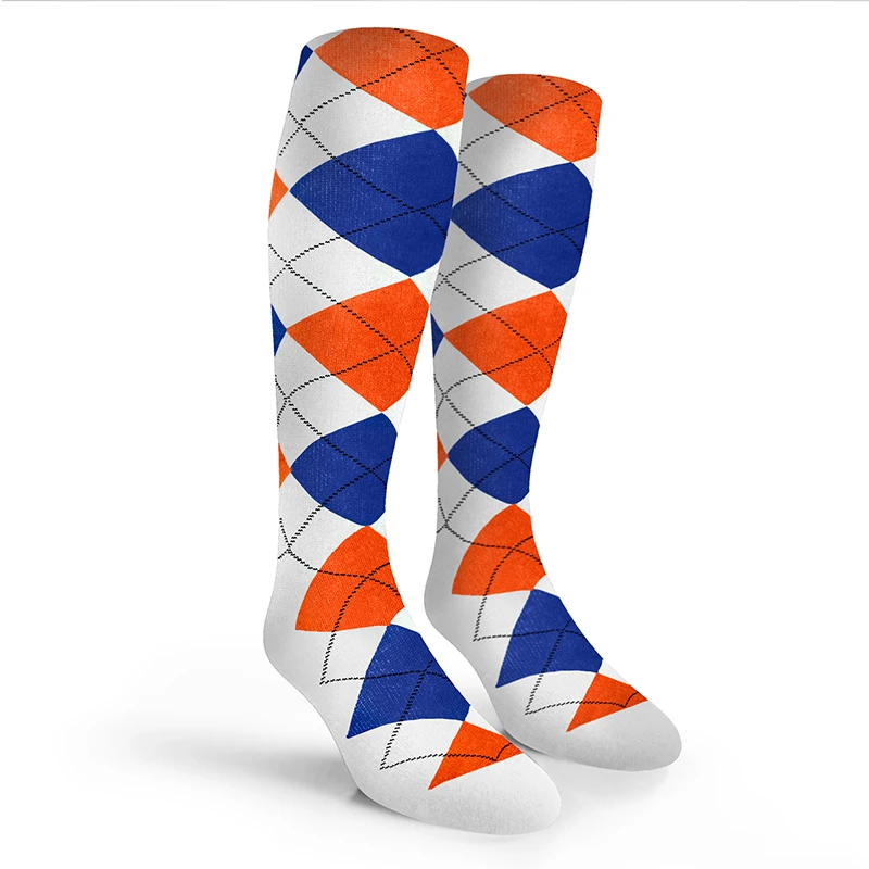 Argyle Socks - Mens Over-the-Calf - RRRR: White/Royal/Orange