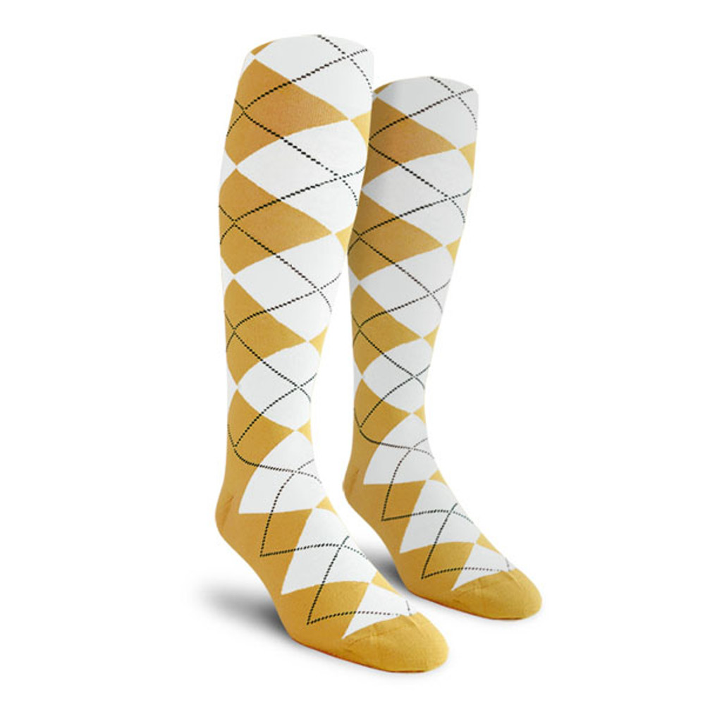 Mens Over the Calf Argyle Socks Gold and White