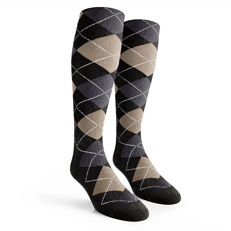 Argyle Socks - Mens Over-the-Calf - W: Black/Taupe/Charcoal