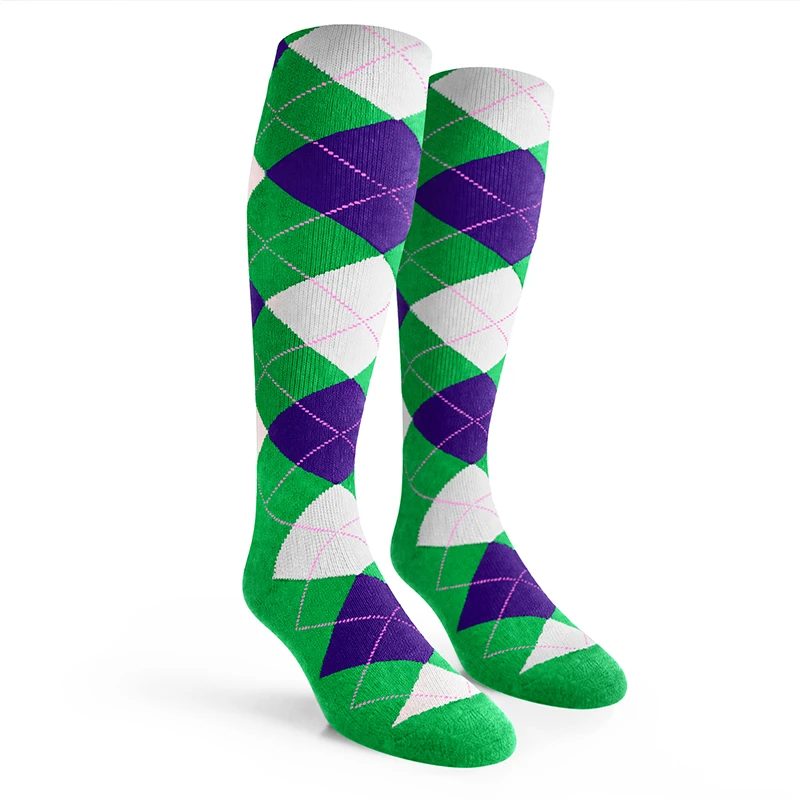 Ladies Over the Calf Argyle Socks Lime, Purple and White